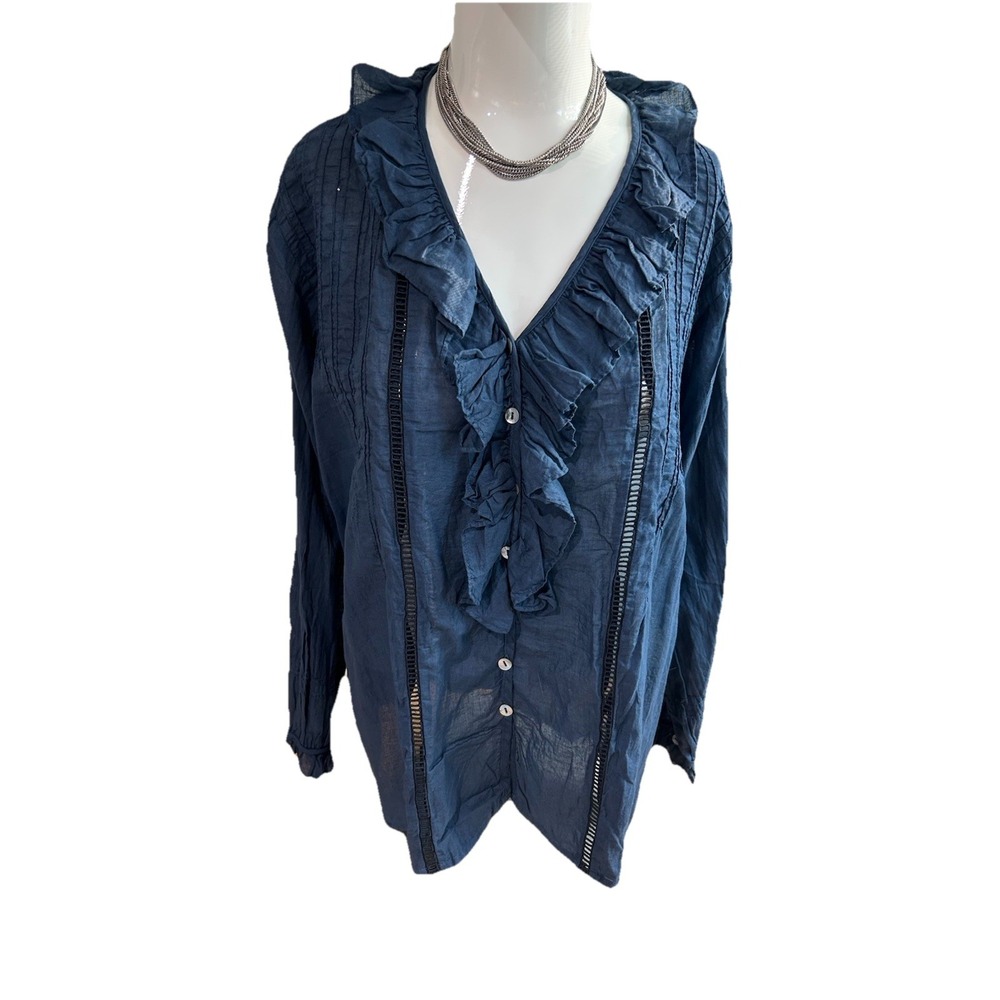 NWT Sundance Catalog‎ JP and Mattie Blue Romantic Ruffle Semi Sheer Blouse Sz S